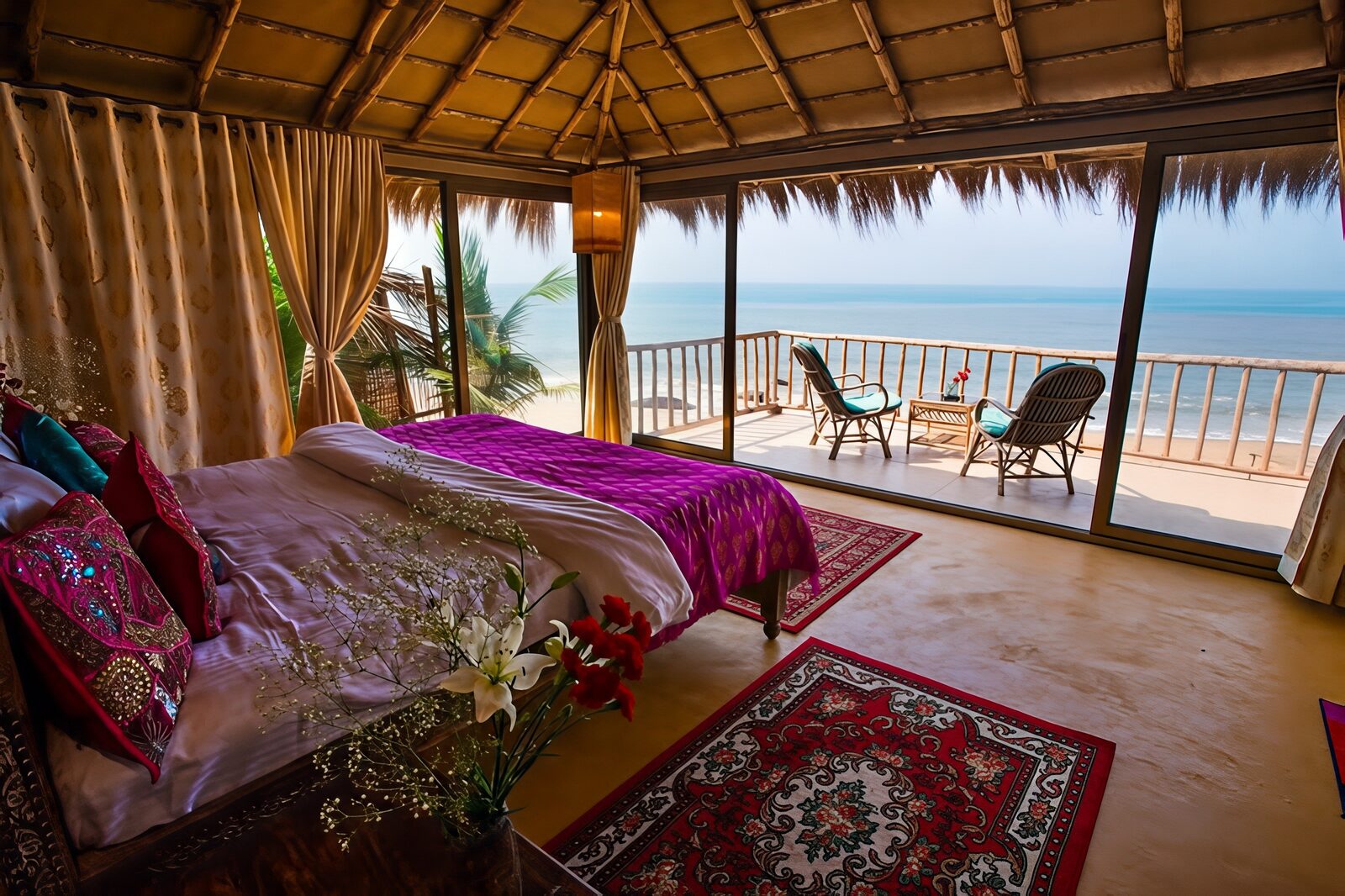 Bedroom opening onto a balcony with loungers and the sea