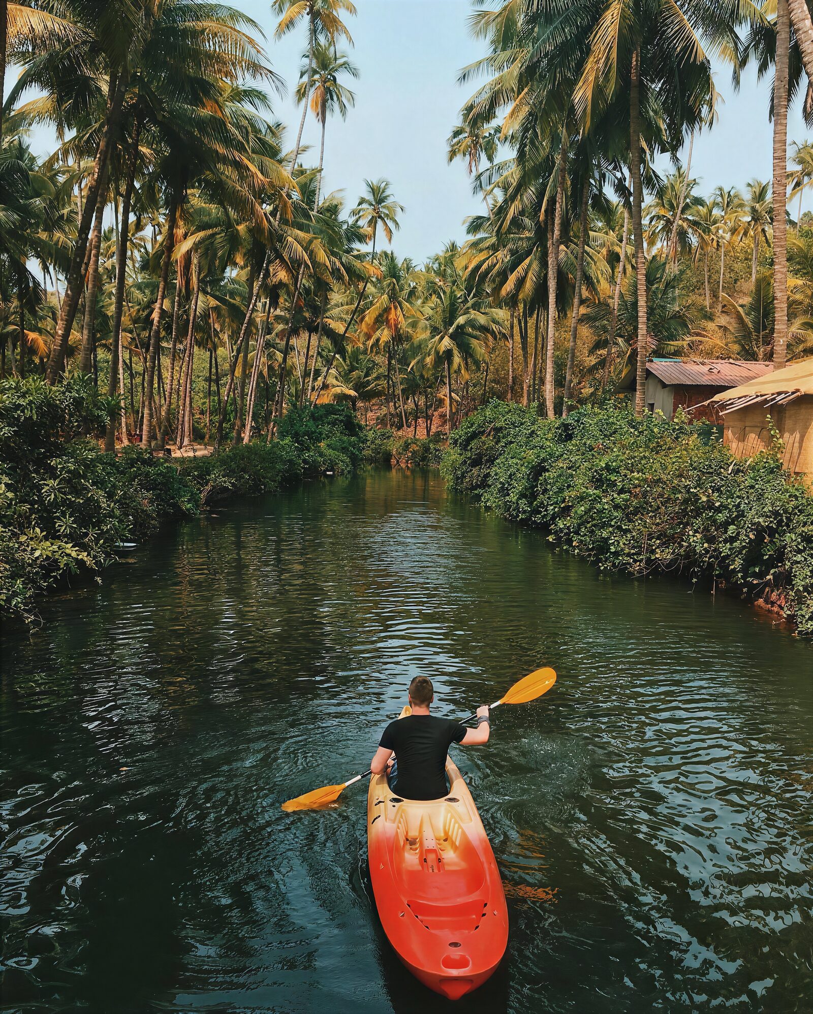 A kayaker paddling up the palm-lined lagoon at Cola Beach